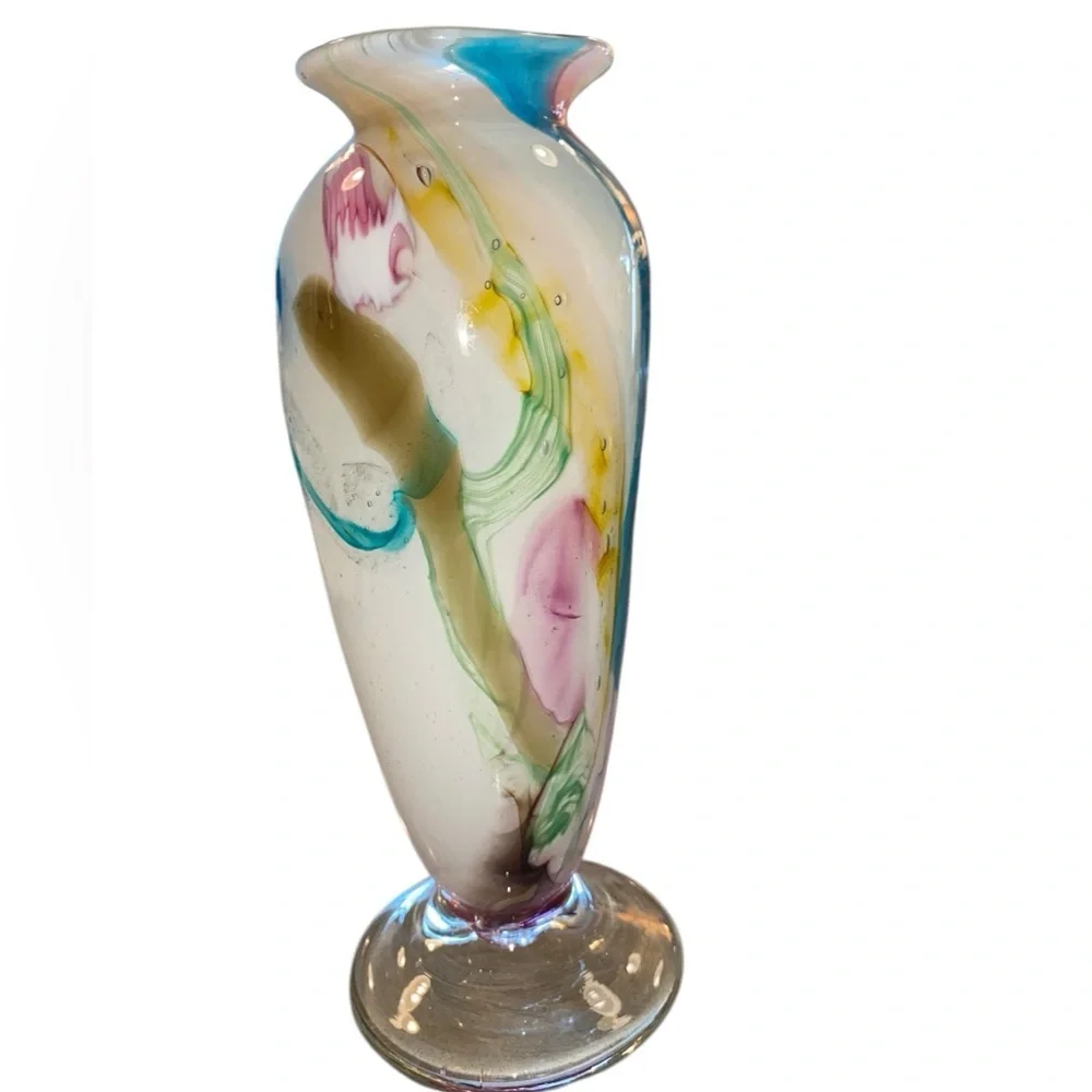 Blown Glass Art Vase Gorgeous white pink blue yellow brown signed great gift